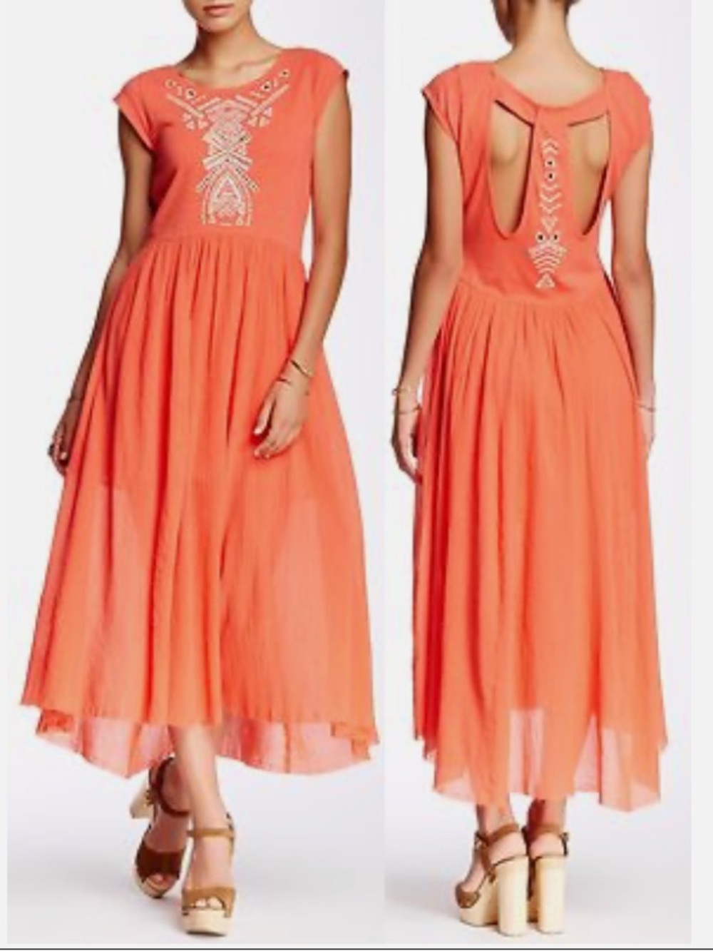 Free People Coral Embroidered High-Low Midi Dress